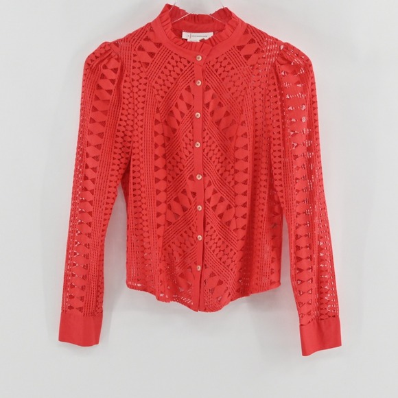 Anthropologie Tops - Anthropologie Lace Ruffle Neck Blouse Womens Size 4 Red Crochet Boho Eyelet Top